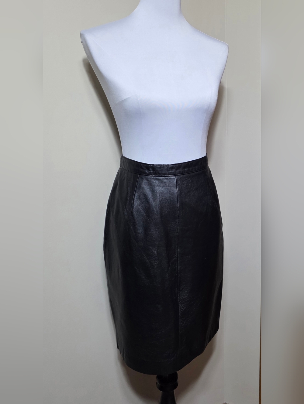 Classic Black Leather Pencil Skirt Sue Brett Vintage Size 12